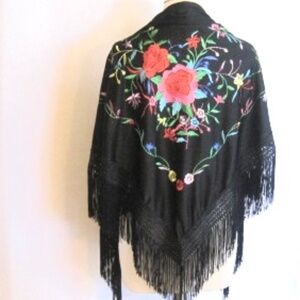 Floral Embroidered  Black Shawl With Fringe